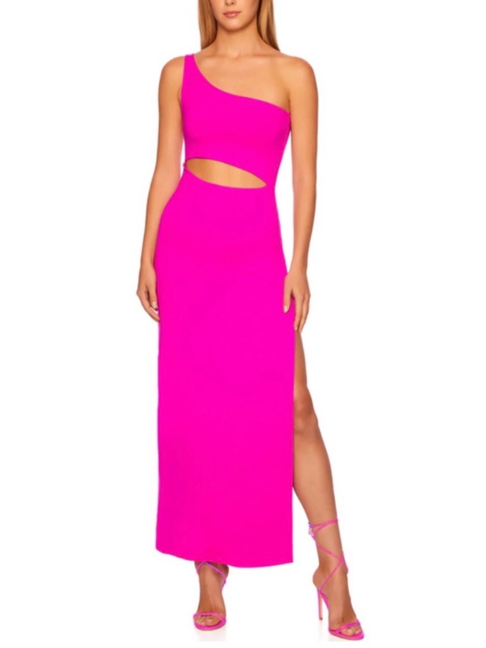 SUSANA MONACO One Shoulder Maxi Dress Front Cutout Slit Pink Glo Size Small NWT